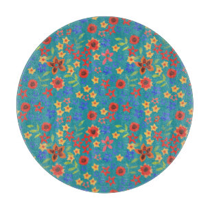 Retro Floral Print on Teal Glass Cutting Board
