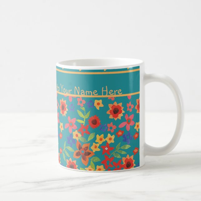 Retro Floral Prints on Teal Custom Coffee Mug (Right)