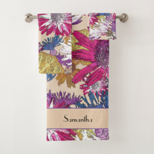 Retro, floral, red flowers, bouquet, blue flowers, bath towel set