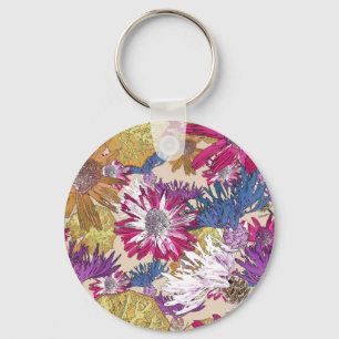 Retro, floral, red flowers, bouquet, blue flowers, keychain