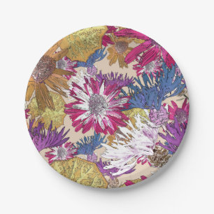 Retro, floral, red flowers, bouquet, blue flowers, paper plate
