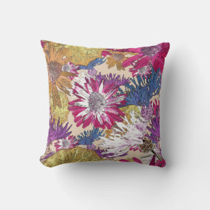 Retro, floral, red flowers, bouquet, blue flowers, throw pillow