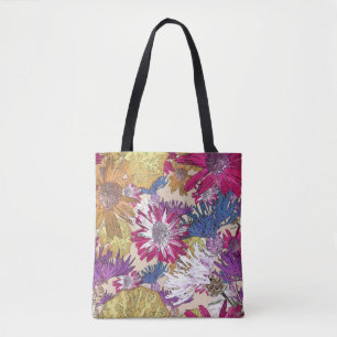 Retro, floral, red flowers, bouquet, blue flowers, tote bag