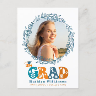 Retro Floral Script Elegant Wreath Photo Graduate Announcement Postcard