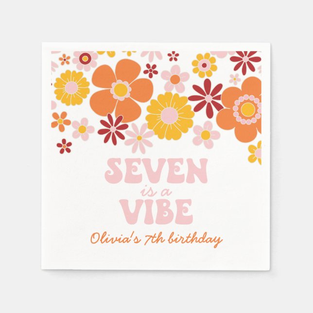 Retro Floral Seven is a Vibe 7th birthday Napkin (Front)