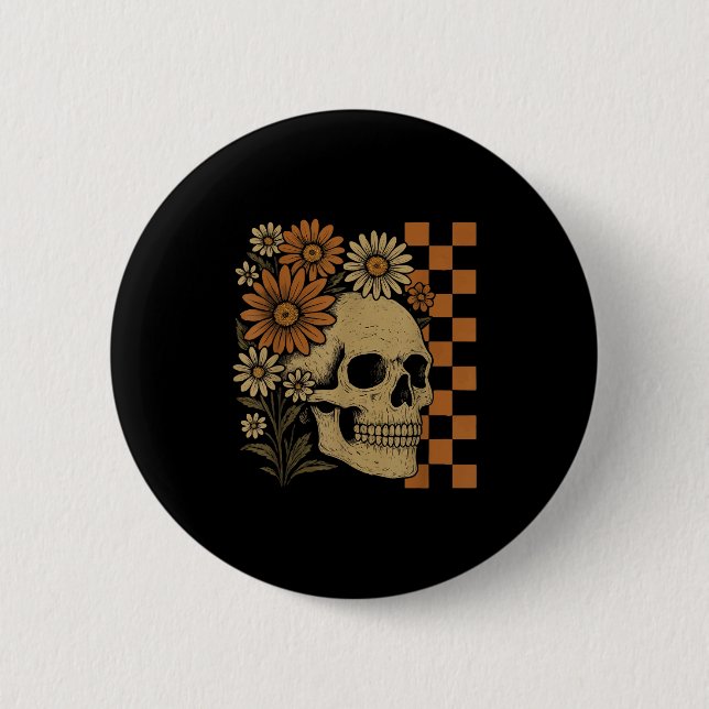 Retro Floral Skeleton Funny Skull Halloween  2 Inch Round Button (Front)