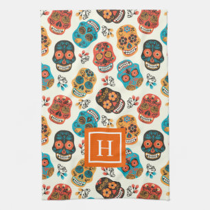 Retro floral skulls pattern monogram kitchen towel