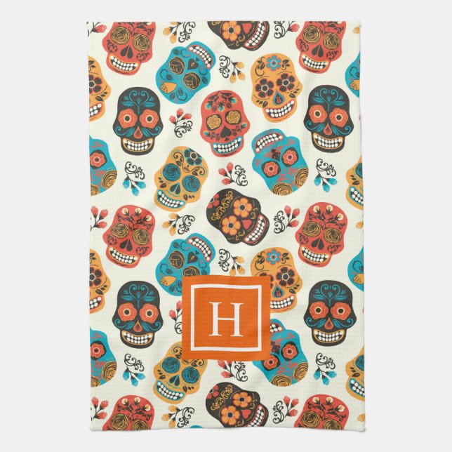 Retro floral skulls pattern monogram kitchen towel (Vertical)