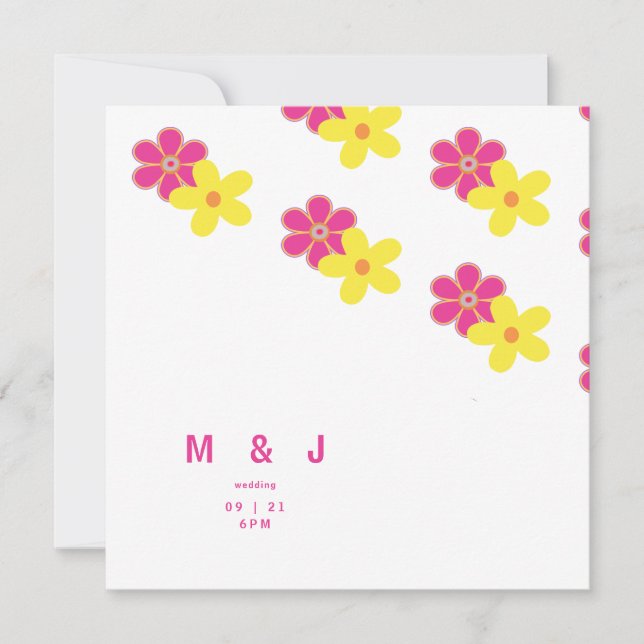 Retro Floral Square Pink and Yellow Wedding Invitation (Front)