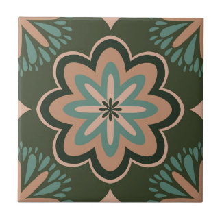 Retro Floral Star in Deep Earth Tones Tile