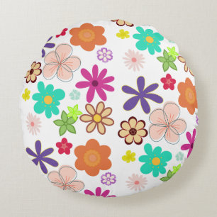 Retro Floral T-Shirt – Colorful Groovy Flowers Des Round Pillow