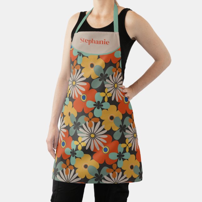 Retro Floral Teal Gold Red  Apron (Insitu)