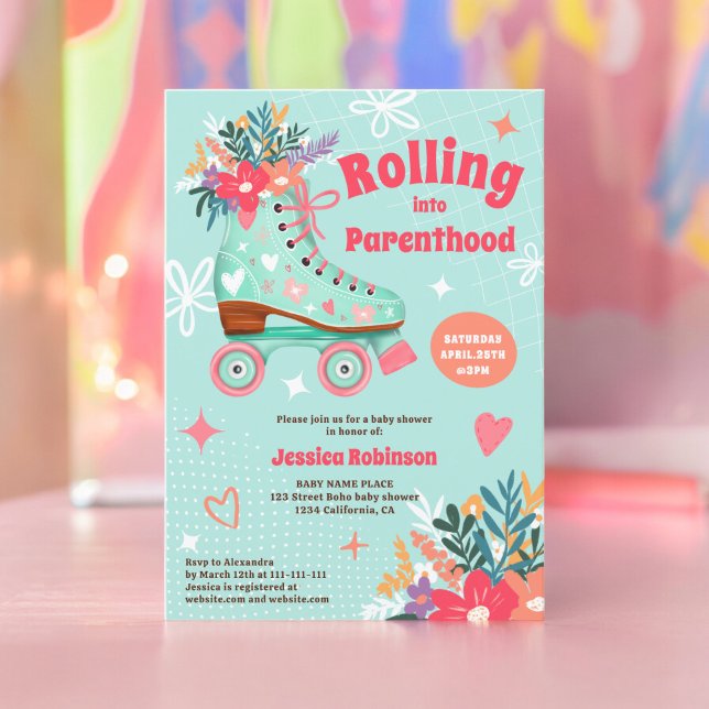 Retro floral teal roller skate boho baby shower invitation (Retro floral teal roller skate boho baby shower invitation)