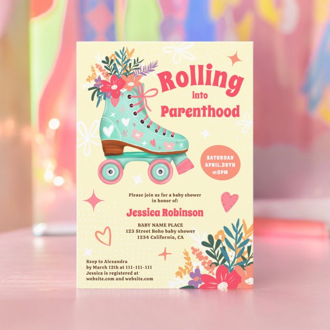Retro floral teal roller skate boho baby shower invitation (Retro floral teal roller skate boho baby shower invitation yellow)