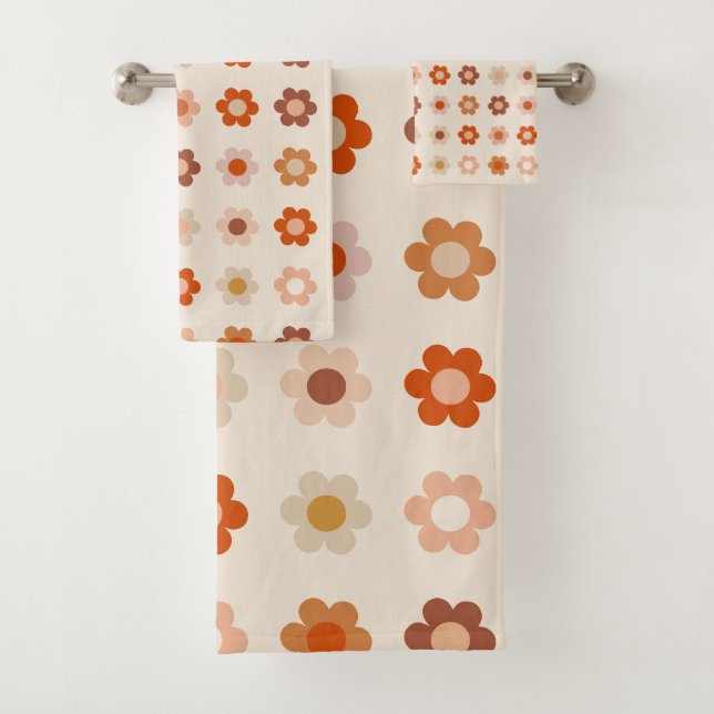 Retro Floral Terracotta Beige Bath Towel Set (Insitu)