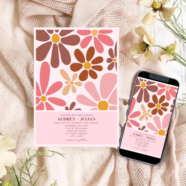 Retro Floral Terracotta Pink Wedding Invitation (Creator Uploaded)