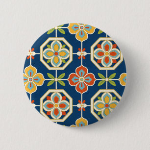 Retro Floral Tile Pattern Navy Blue Orange & Gold 2 Inch Round Button