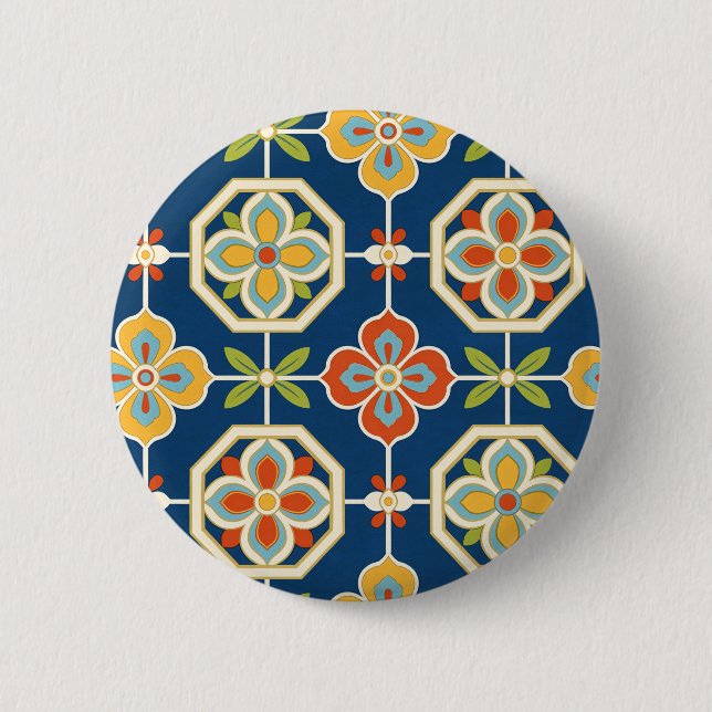 Retro Floral Tile Pattern Navy Blue Orange & Gold 2 Inch Round Button (Front)