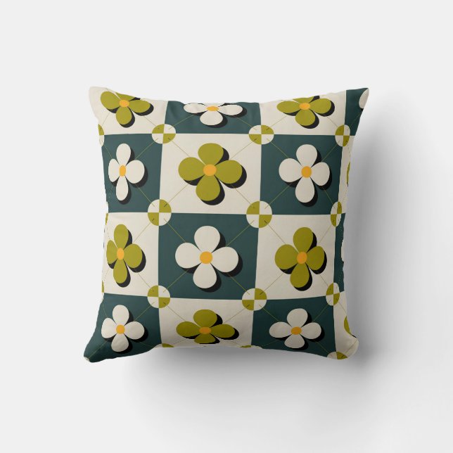 Retro Floral Tiles Throw Pillow (Back)