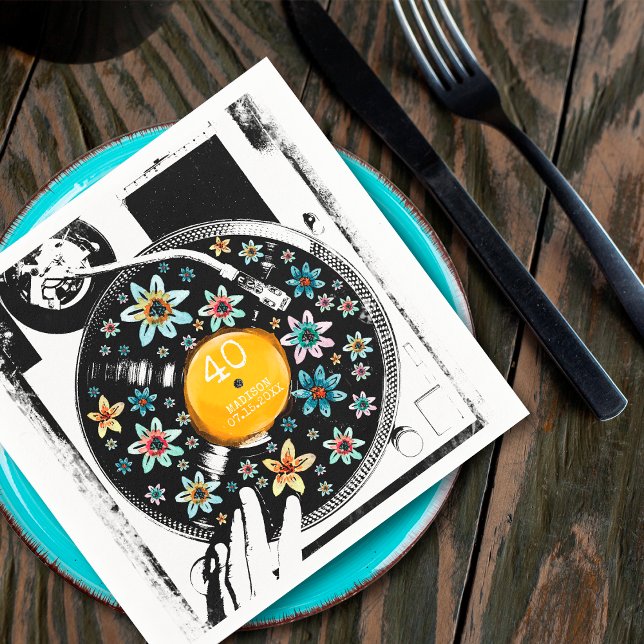 Retro Floral Turntable Vinyl Birthday Personalized Napkin (Creator Uploaded)