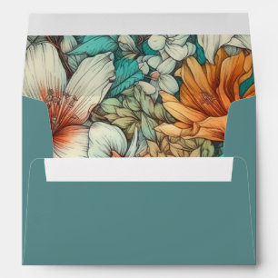 Retro Floral Vintage Botanical Teal Orange Wedding Envelope