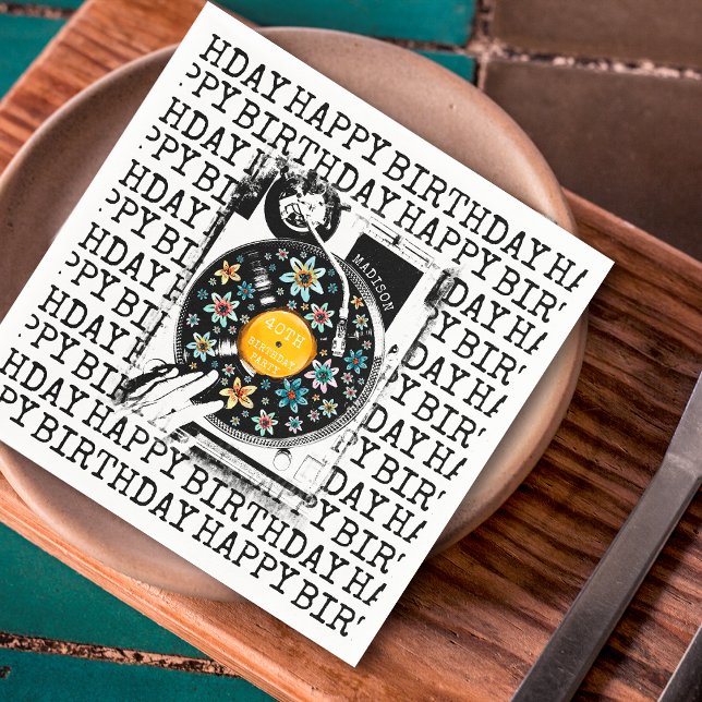 Retro Floral Vinyl Happy Birthday Personalized Napkin (Creator Uploaded)