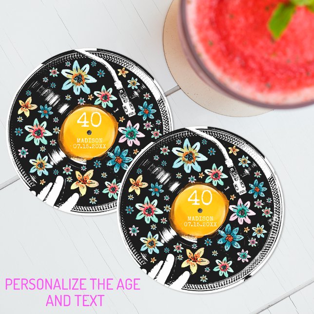Retro Floral Vinyl Record Design Birthday Custom Round Paper Coaster (Creator Uploaded)