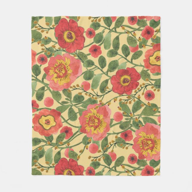 Retro Floral Watercolor: Timeless Elegance Fleece Blanket (Front)