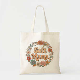Retro Floral Wreath "Soft Mama" Groovy Typography Tote Bag