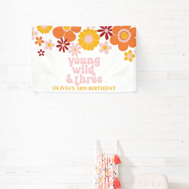 Retro Floral Young Wild Three Birthday Banner (Insitu)