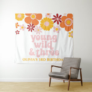 Retro Floral Young Wild Three Birthday Banner Tapestry