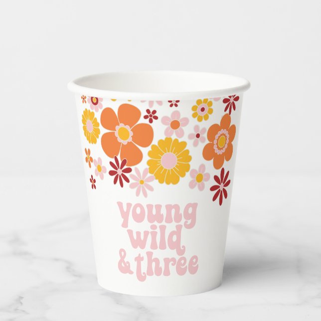 Retro Floral Young Wild Three Birthday Paper Cups (Front)