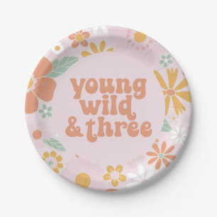 Retro Floral Young Wild Three Birthday Paper Plate