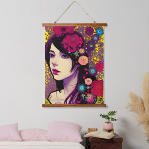 Retro FloralPunk Girl Digital Art Hanging Tapestry