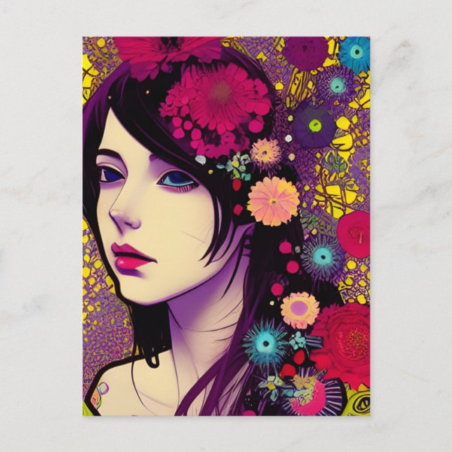Retro FloralPunk Girl Postcard (Front)