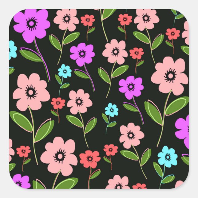 Retro Florals Square Sticker (Front)