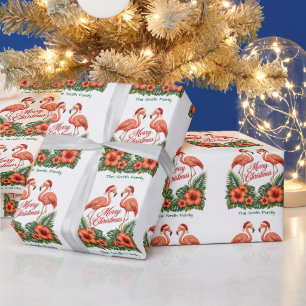 Retro Florida Christmas Flamingo Custom Family  Wrapping Paper