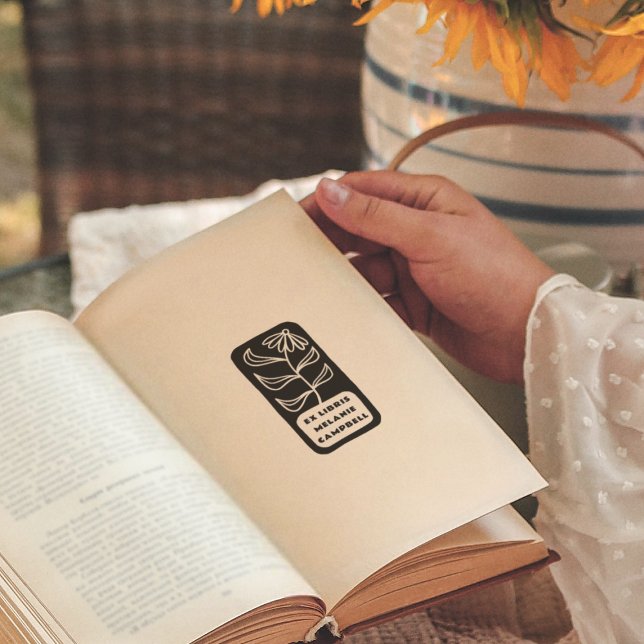 Retro Flower Bold Bookplate Ex Libris Book Self-inking Stamp (Rubber Stamp Mock-up)