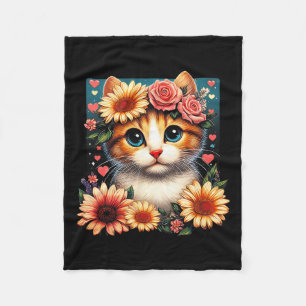 Retro Flower Cat Love Art Kitten With Flowers Anim Fleece Blanket