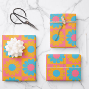 Retro Flower Chequerboard in Yellow and Blue Wrapping Paper Sheet