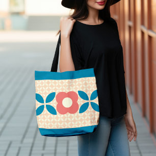 Retro Flower, Geo Pattern Coral, Blue, Peach Crossbody Bag