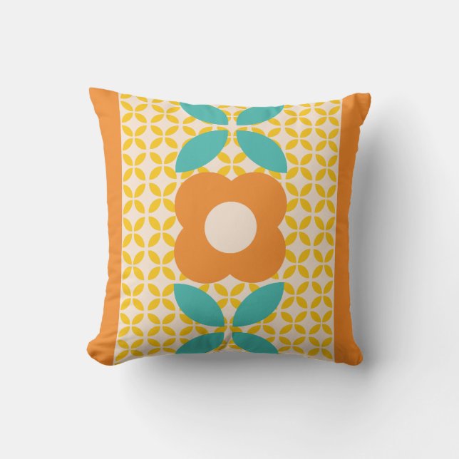 Retro Flower, Geo Pattern Orange, Teal, Pink Throw Pillow (Front)