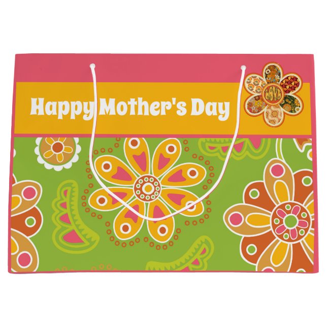 Retro Flower Green Pink Yellow Happy Mother's Day Large Gift Bag (Front)