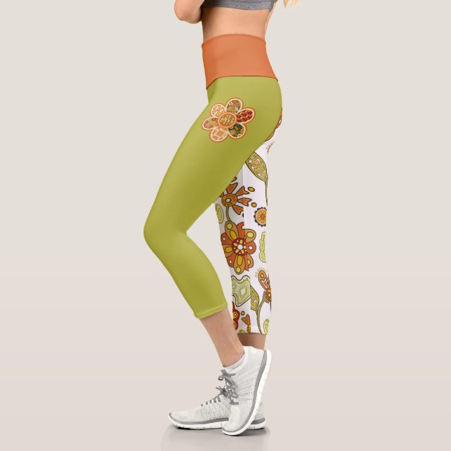 Retro Flower Hippie Orange Green Capri Leggings (Left)