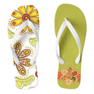 Retro Flower Hippie Orange Green Flip Flops