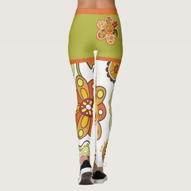 Retro Flower Hippie Orange Green Leggings (Back)