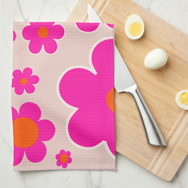 Retro Flower Market Florence Abstract Pink Floral Kitchen Towel (Quarter Fold)