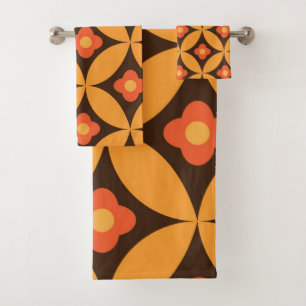 Retro flower on mid century circles orange  bath towel set