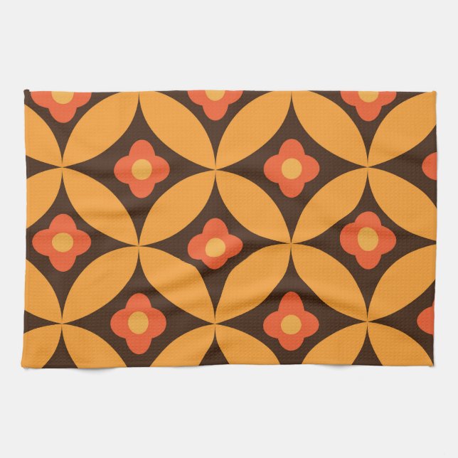 Retro flower on mid century circles orange  kitchen towel (Horizontal)