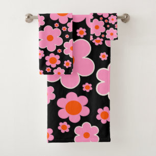 Retro Flower Pattern Black Pink And Orange Bath Towel Set